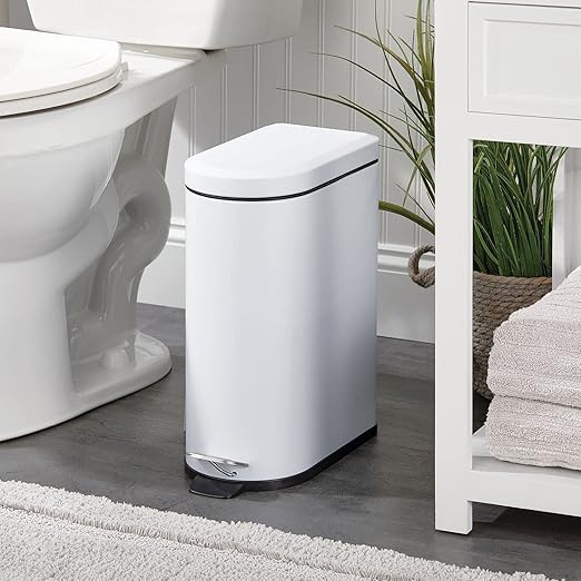 mDesign 10 Liter/2.6 Gallon Stainless Steel Metal Step Trash Can Garbage Bin for Bathroom, Bedroom, Home Office - D-Shape Trashcan with Foot Pedal/Lid, Removable Liner Bucket with Handles, White