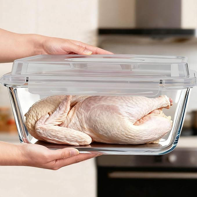 Extra Large Glass Storage Containers with Lids 220oz/6500ml/28cup | Silicone Mat Included | Borosilicate Glass | Airtight | Freezer Oven Dishwasher Safe | Rotisserie Chicken | XL Big Food Bowl