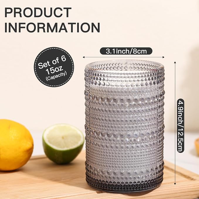 JOVGANK Grey Vintage Hobnail Drinking Glasses Set of 6, Embossed Water Tumbler 15oz, Kitchen & Bar Beaded Highball Glasses, Beverage Glass Cups for Water, Beer, Juice, Housewarming Gift