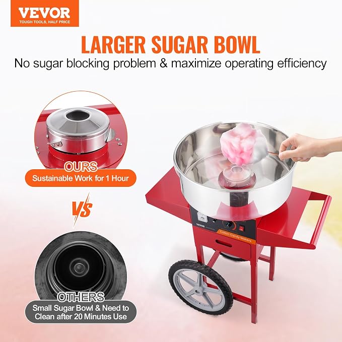 VEVOR Electric Cotton Candy Machine Cart, 1000W Commercial Floss Maker w/Stainless Steel Bowl, Sugar Scoop and Drawer, Perfect for Home, Carnival, Kids Birthday, Family Party, Red