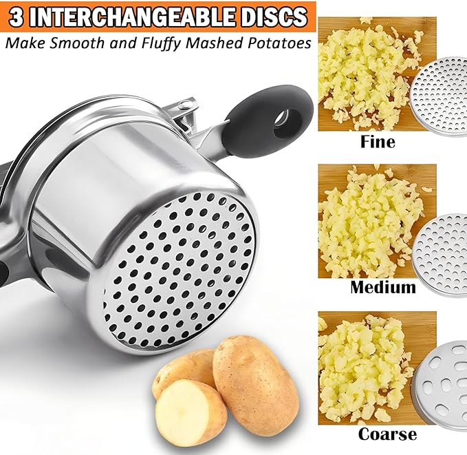Large 15oz Potato Ricer, Stainless Steel Potato Masher and Ricer Kitchen Tool, Heavy Duty and Durable for Effortless Mashing - with Spoon and Fork Set