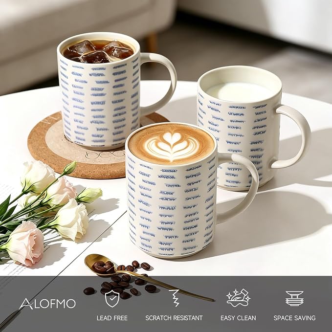 Coffee Mugs Set of 6, 17oz Ceramic Mugs with Handpainted Blue Gray Stripe Pattern, Modern Stackable Coffee Cups, Dishwasher and Microwave Safe Mugs for Home & Office (Horizontal Stripes)