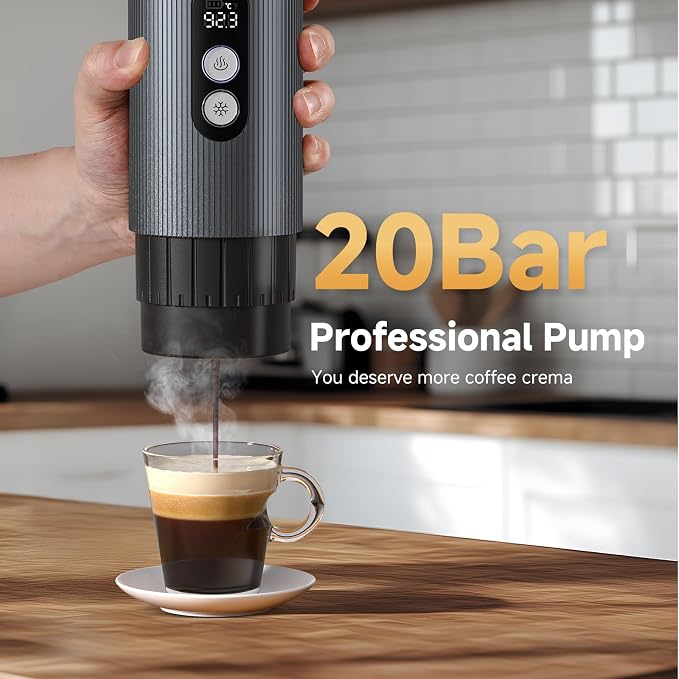 AMZCHEF Portable Coffee Maker Rechargeable w/ 9000mAh Battery, 2-in-1 Travel Espresso Maker for Ground/NS Capsules, Car Espresso Machine Self-Heating for Camping, RV, Hiking, Office, Aluminum
