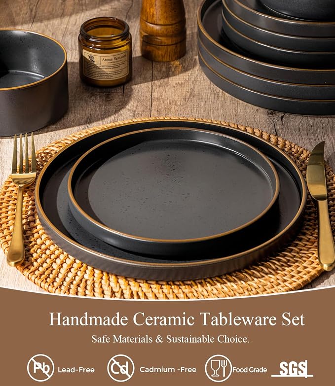 LERATIO Ceramic Dinnerware Sets for 4,Matte Stoneware Plates and Bowls Set, Chip and Crack Resistant | Oven & Dishwasher & Microwave Safe Dishes Set, Service for 4-Ashen Gold Rim