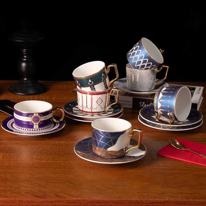 KAMMAK Tea Cups and Saucers Set of 2, Porcelain Coffee Cups, Stackable Espresso Mugs, Ceramic Demitasse for Coffee, Latte, Americano, Tea, Golden Age