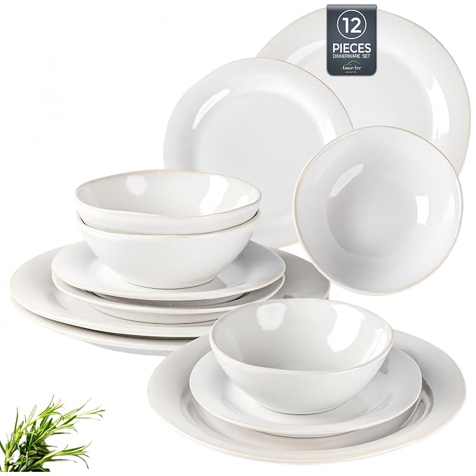 AmorArc Ceramic Dinnerware Sets, Handmade Stoneware Reactive Glaze Plates and Bowls Set, Scratch Resistant | Dishwasher & Microwave Safe, Service for 4 (12pc)
