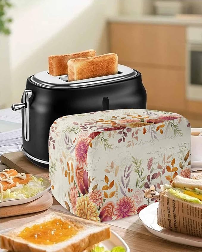 Red Orange Floral Fall Toaster Cover 2 Slice, Thanksgiving Eucalyptus Leaves Dustproof Bakeware Oven Protector with Top Hook, Rustic Waterproof Small Kitchen Appliance Toasters Dust Cover, 12"x7.5"x8"
