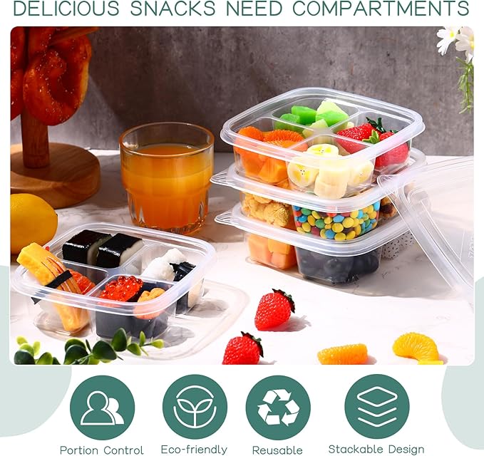 Dandat 50 Pcs Clear Plastic Bento Boxes 4 Compartment Reusable Snack Containers Leakproof Food Container Food Prep Bento Box with Lids Divided Food Storage Containers for Adults School Work Travel