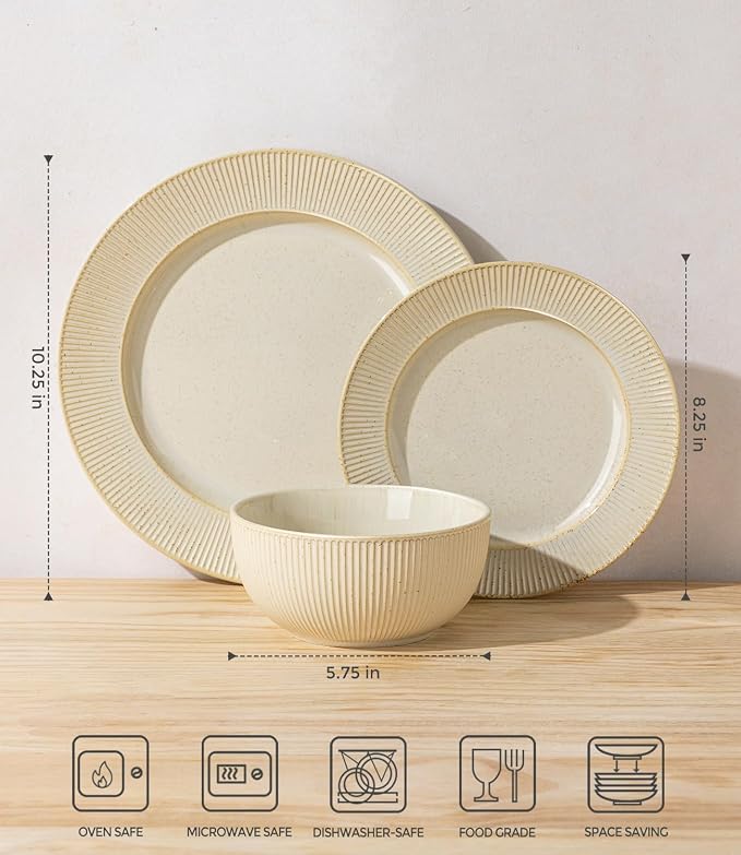 TheTerra Stoneware Dinnerware Sets for 4, 12 Pieces Ceramic Plates and Bowls Sets, Scratch Resistant Embossed Dish Set, Oven, Microwave & Dishwasher Safe, Cream Latte