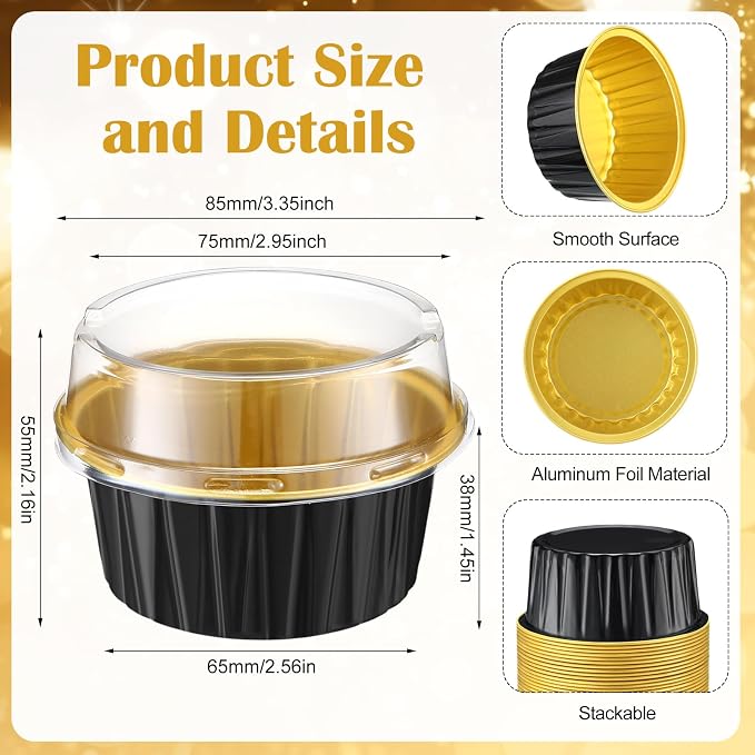 Gejoy 500 Pcs Aluminum Foil Baking Cups with Lids 5 oz Disposable Ramekins Mini Cake Pans Creme Brulee Cupcake Liners Muffin Dessert Container for Wedding Birthday Party (Classic,Black and Gold)