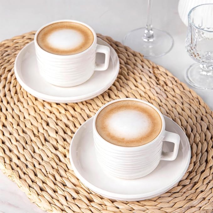 Cappuccino Cups with Saucers, 8 OZ White Ceramic Coffee Cups Set of 6, Good for Latte, Americano and Tea, Microwave and Dishwasher Safe, Ribbed Texture