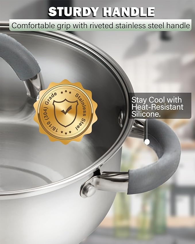 Cook N Home Basics Stainless Steel Cookware Sets, 6-Piece Pots and Pans | Induction Compatible, Dishwasher Oven Safe,Stay-Cool Silicone Handles
