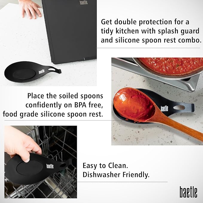 Extra-Large 2-Piece Splatter Guard (15.7” x 15.7”), Heavy-Duty, Commercial-Quality Stainless Steel Oil Splash Shield with Foldable 2-Panel Design & Silicone Spoon Rest by Baetle