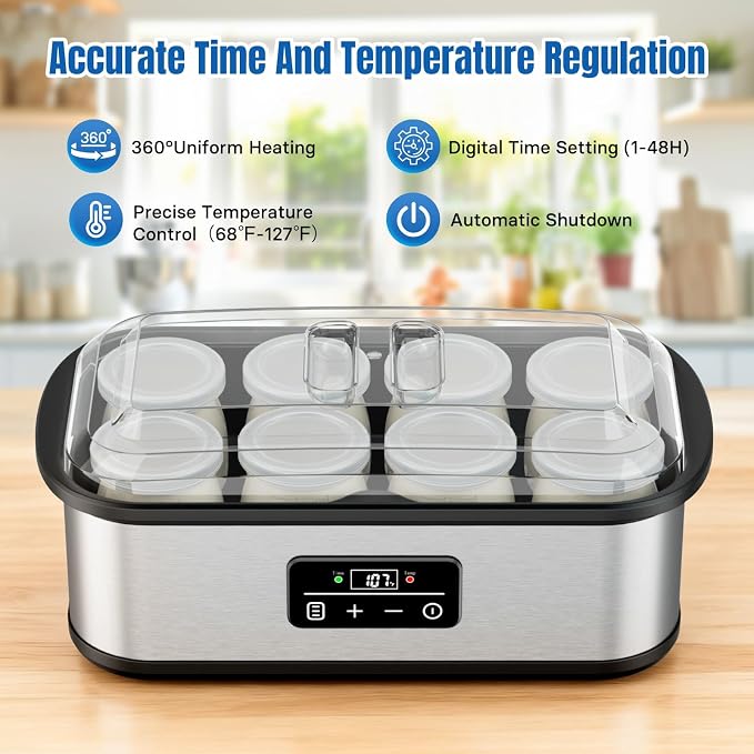 Yogurt Maker with Temperature Control, Yogurt Maker Machine with Auto-off, Make Healthy Yogurt with Full Probiotics, 8×6oz Glass Jars