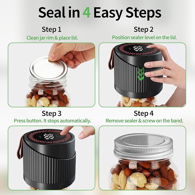 Electric Mason Jar Vacuum Sealer Kit for Wide and Regular Mouth Jars - Vacuum Sealer Machine with -80kpa Suction, Automatic One-Button Operation for Food Storage