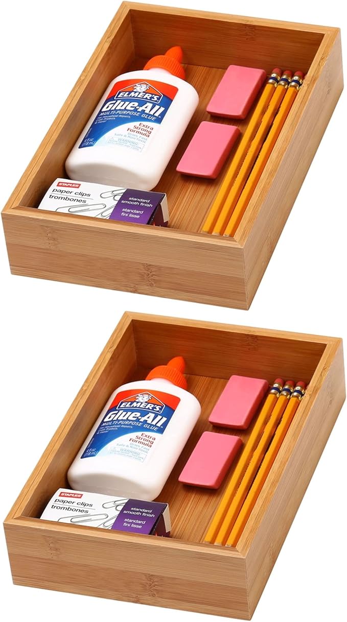 YBM Home Bamboo Drawer Organizer Storage Box for Kitchen Drawer, Junk Drawer, Office, Bedroom, Children Room, Craft, Sewing, and Bathroom, 2 Pack 6x9x2 inch