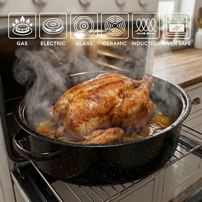 19” Turkey Roasting Pan Enamel Oval Granite Large Roaster Pan with Lid with 17in Inner Diameter Large Capacity Suitable for Thanksgiving Enamel Cook Ware Dishwasher Compatibility Oven Christmas Gift