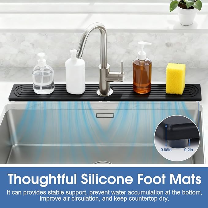 Fast Drying Stone Faucet Mat for Kitchen Sink with Raised Feet, Quick Drying Splash Guard, Faucet Splash Guard, Durable Protector for Kitchen, Bathroom Counter, Dark Gray, 15.8" x 4"