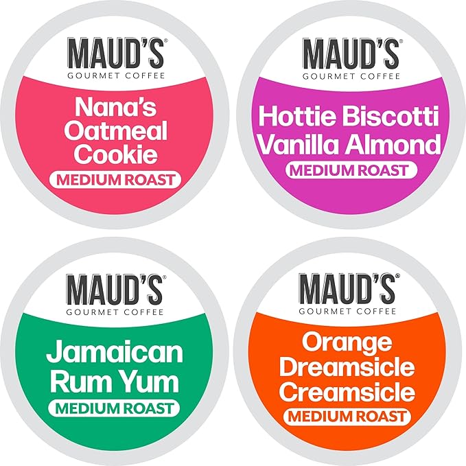Maud’s Orange Creamsicle, Jamaican Rum Yum, Almost Biscotti & Oatmeal Cookie Flavored Coffee Pods Variety Pack, 72 ct, Medium Roast Single Serve Pods – 100% Arabica Coffee, Compatible with Keurig K Cups Maker