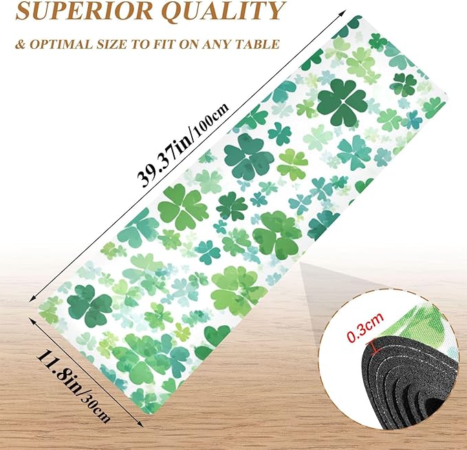 2 in 1 Table Runner Trivet for Hot Pots and Pans Heat Resistant Non Slip Waterproof 39 x 12 Inch Decorative Table Protector for Kitchen Countertop Green Clovers Gradient