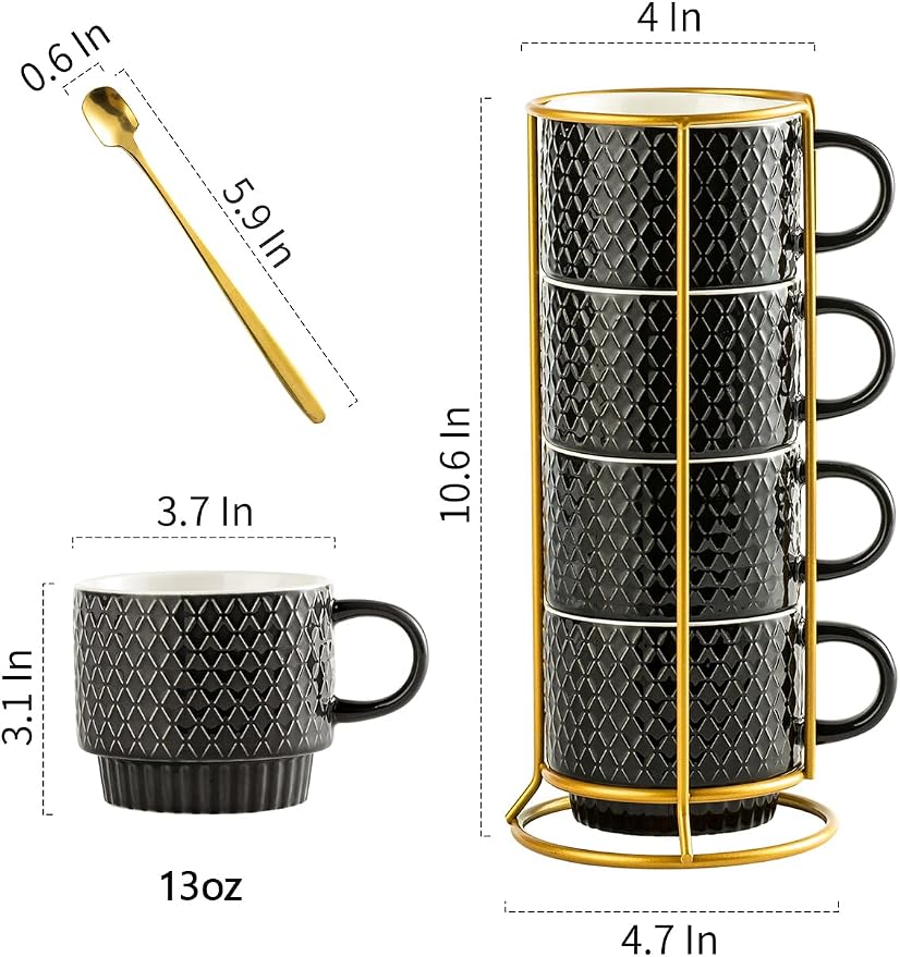 Gomakren Coffee Mugs Set of 4, 13 Ounce Stackable Coffee Mug Set with Stand, Father's Day Stoneware Coffee Cup with Spoon for Coffee, Milk, Tea, Cocoa, Black
