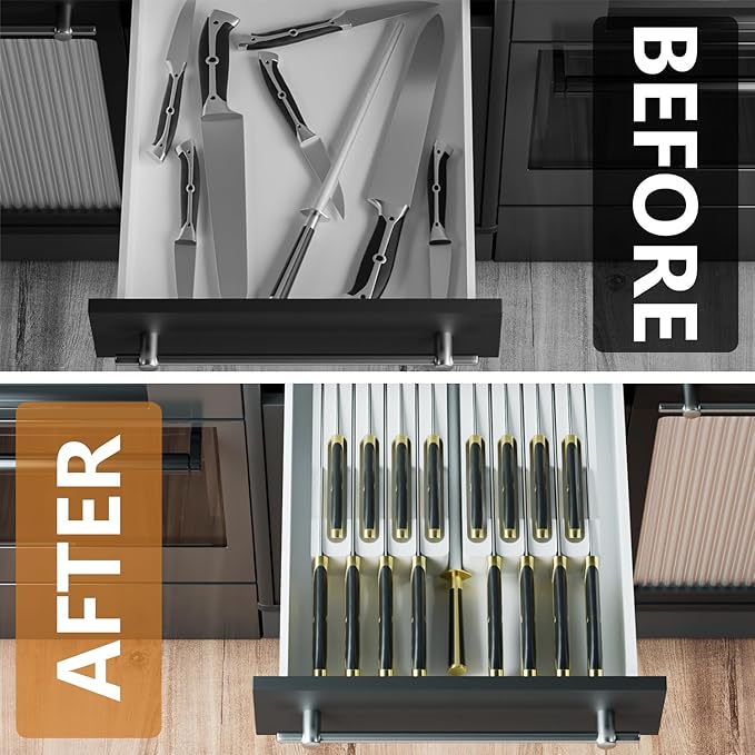 Domax Bamboo In-drawer Knife Block - Kitchen Knife Drawer Organizer Insert, Knife Holder without Knives Large, Drawer Knife Organizer Fits for 16 knives and 1 Sharpening Steel (Not Included), White