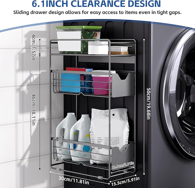 CABTE 3 Tier Magnetic Shelves for Washing Machine with Pull Out Metal Drawer,Magnetic Spice Rack for Fridge,Magnetic Rack with no Installation, Versatile Storage Organizers for Home (Black, 3 Tier)