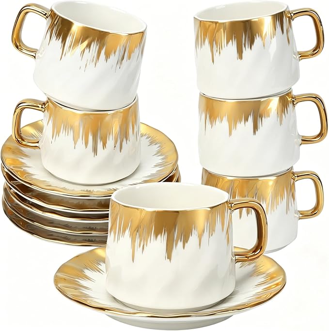 Coffee Cup Set of 6 with Saucers, 3.5 OZ Ceramic Espresso Cups Set, Gold Trim Turkish Coffee Cup Gift for Double Shot, Latte, Cafe Mocha and Tea, Dishwasher & Microwave Safe