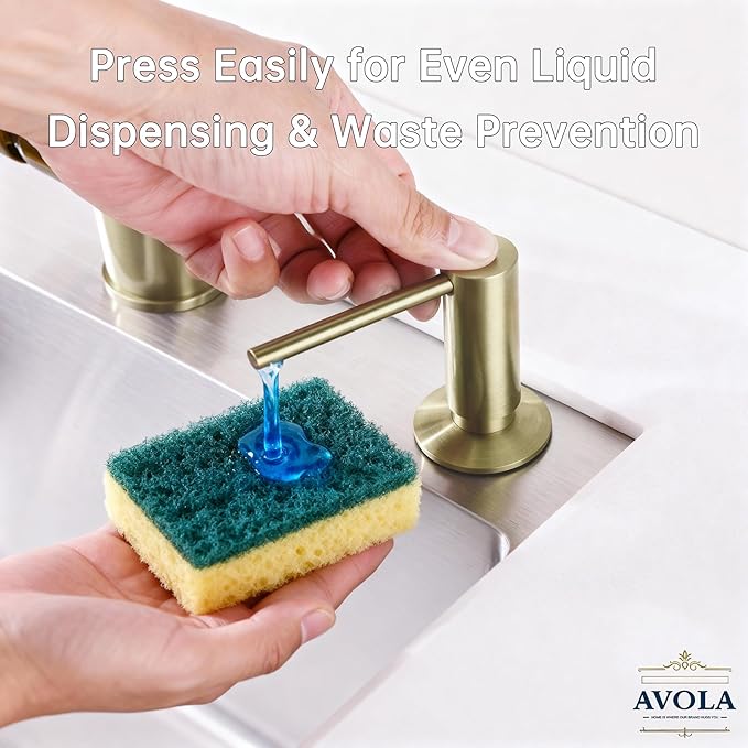 Avola Brushed Gold Sink Soap Dispenser, Solid Brass Pump Head Liquid Lotion Countertop Kitchen Bathroom Soap Dispenser with 17 OZ PET Large Bottle