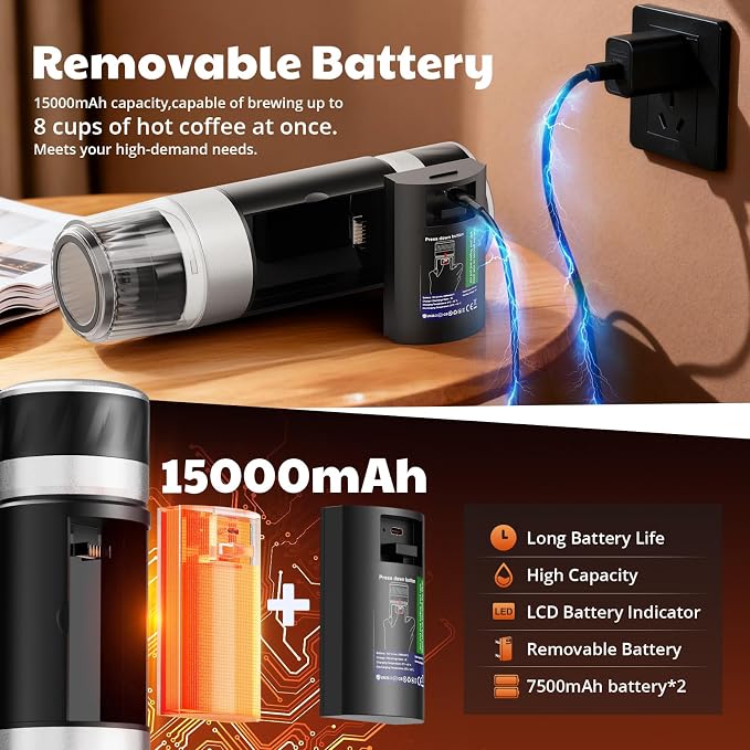 Portable Espresso Maker with Removeable Battery, Portable Espresso Machine with USB-C, 3-in-1 Small Espresso Machine with Ground Coffee & Capsules (NS＆DG) for RV, Hiking (Black)