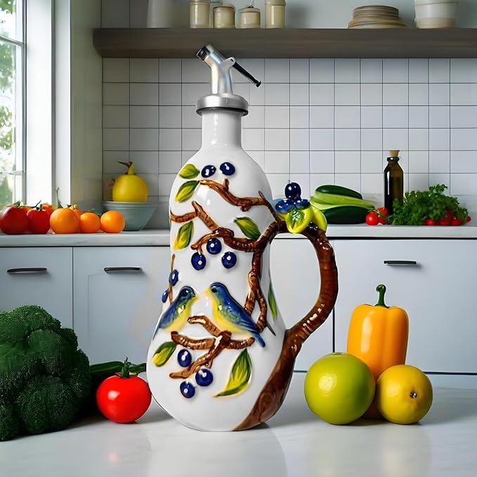 Hand-Painted Ceramic Relief Olive Oil Bottle Dispenser, with Handle Decorative Olive Oil Dispenser Bottle, Kitchen Ceramic Oil Vinegar Bottle Seasoning Bottle with Stainless Steel Spout & Funnel