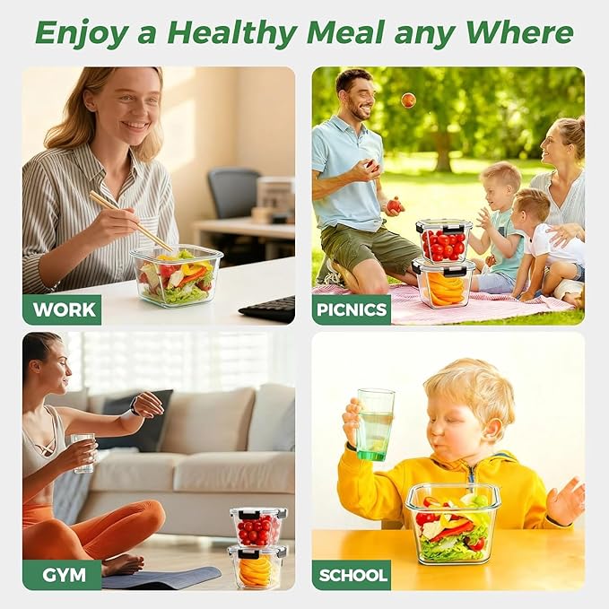 4 Pack 27oz Glass Food Storage Containers with Lids and 4 Pack 32OZ Glass Meal Prep Containers Microwave, Oven, Freezer and Dishwasher, BPA Free