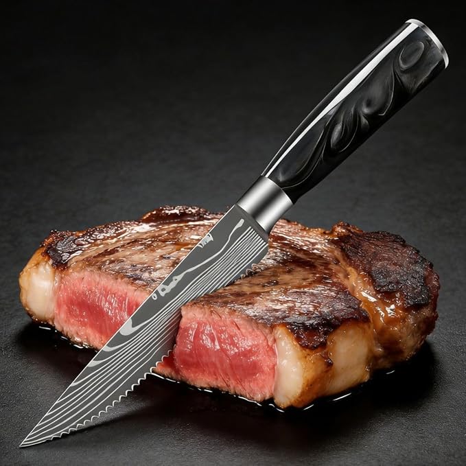 6-Piece Premium Japanese Kitchen Knife Set - Star Collection, Laser Damascus Pattern, 440A Stainless Steel Ultra Sharp for Fast Cutting (Black 6SK)