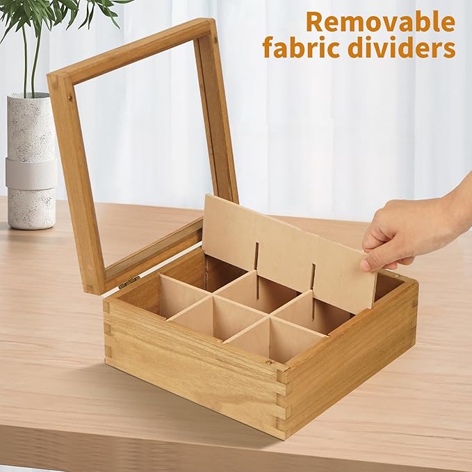Wood Tea Bag Organizer, 9 Compartment Multi-Functional Tea Box and Storage Organizer for Tea Bags with Clear Acrylic Window