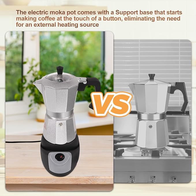 Electric Aluminum Moka Pot 3-6 Cup 150-270ml Espresso Maker with Detachable Base Ideal Coffee Makers for Home MochaPot Italian and Cuban Café Coffeemaker Espressomaker CoffeePot Silver