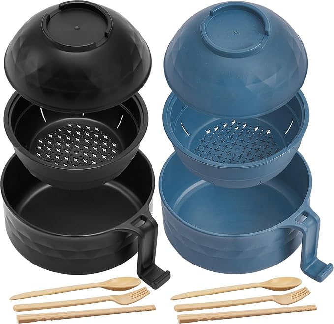 2 Sets Microwave Ramen Bowl 40 oz Wheat Fiber Portable Instant Noodle Cooker Bowl with Handles Strainer Spoon Chopstick Fork College Dorm Room Apartment Essentials(Black,Dark Blue)