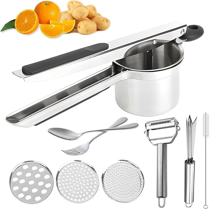 Large 15oz Potato Ricer, Stainless Steel Potato Masher and Ricer Kitchen Tool, Heavy Duty and Durable for Effortless Mashing - with Spoon and Fork Set