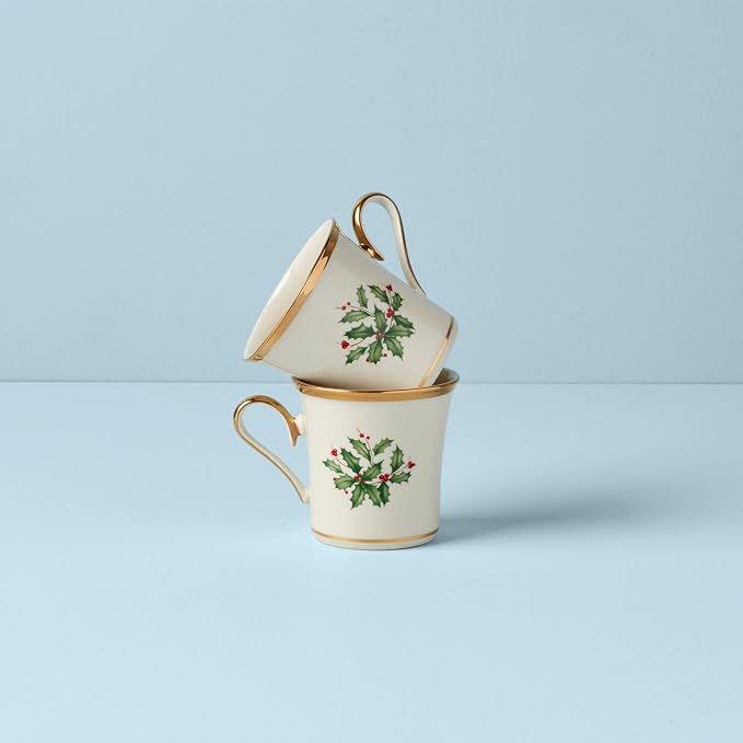 Lenox Coffee Mugs, Hosting The Holidays 2-Piece Holly 14 Oz Mug Set, Ivory Porcelain, Dishwasher and Microwave Safe, Christmas Holly Drinkware Set, Christmas Decorations (White/Green, 14 Oz, 2 Pieces)