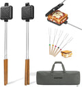 Mountain Pie Maker Cast Iron Set of 2 with Storage Bag – 5 Smores Sticks for Fire Pit, Camping and Outdoor Cooking