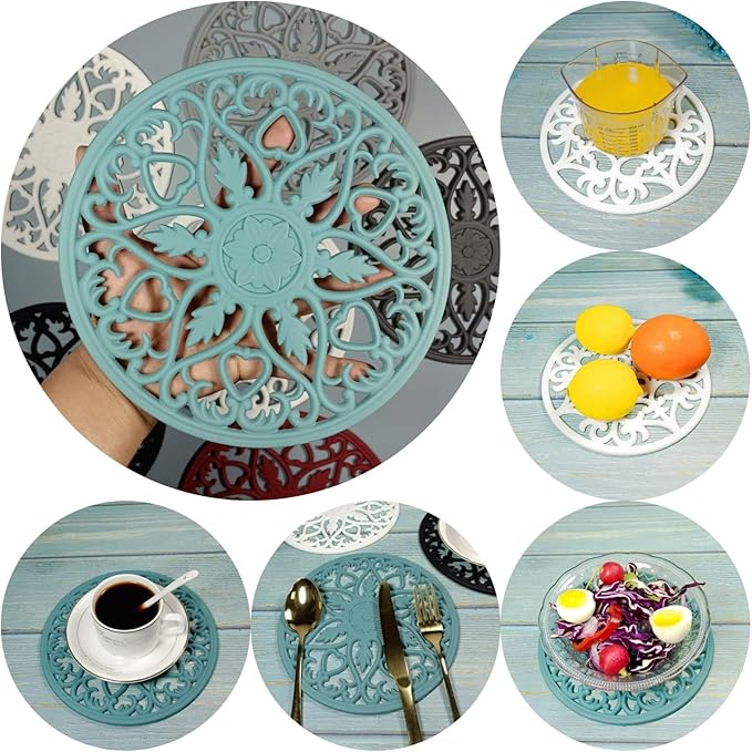 Silicone Trivet Mat-Trivets for Hot Dishes, Table, Countertop, Non-Slip Heat Resistant Modern Kitchen Pads, Teapot Trivet-Flexible Round Mat, Multi-Use Intricately Carved Trivets of 6 Teal Blue