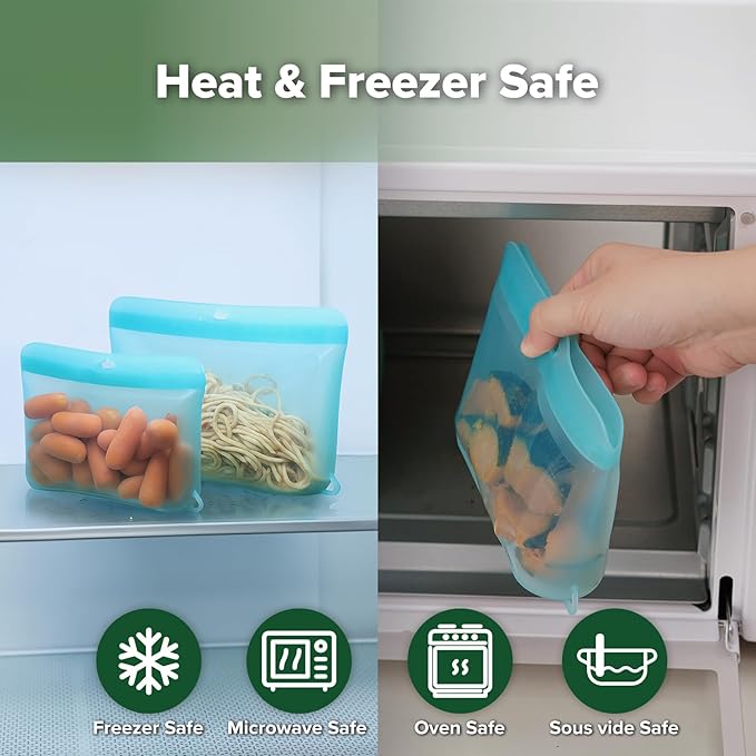 Haakaa Dot Seal Reusable Silicone Food Storage Bags, 2 Pack- Silicone Leakproof Freezer & Sandwich Snack Bags, BPA Free Food Containers, Microwave & Dishwasher Safe, Turquoise (500ml, 1000ml)