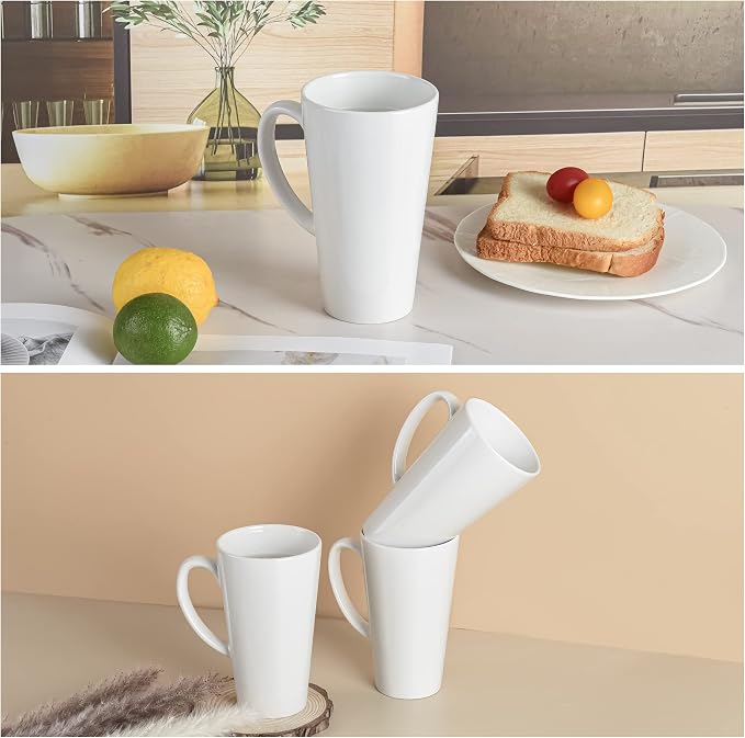 BYCNZB 16oz White Funnel Ceramic Tall Coffee Mugs for Coffee, Tea, Cocoa, Latte, Milk set of 4