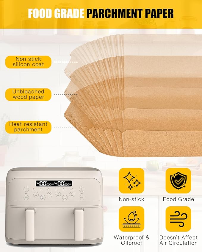 200PCs Air Fryer Paper Liners for Bella 4 QT TriZone Airfryer,100PCs Large for Single Zone, 100PCs Small for Dual Basket, Nonstick Disposable Parchment Paper Baking Inserts Accessories, Free of Bleach