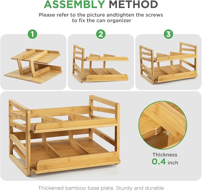 Bamboo Rolling Can Organizer for Pantry, Stackable 2 Tier Canned Food Organizer Rack for Storage, Kitchen Cabinet, Can Holders Dispensers for Pantry Up To 27 Cans