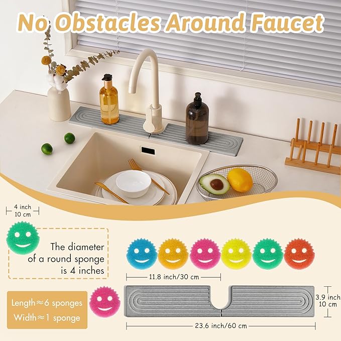 Diatomite Sink Faucet Splash Guard U Shape, 24" Large Stone Sink Tray, Modern Faucet Handle Drip Catcher Stone, Durable Faucet Draining Mat Protector for Kitchen Bathroom Island Counter, Light Grey