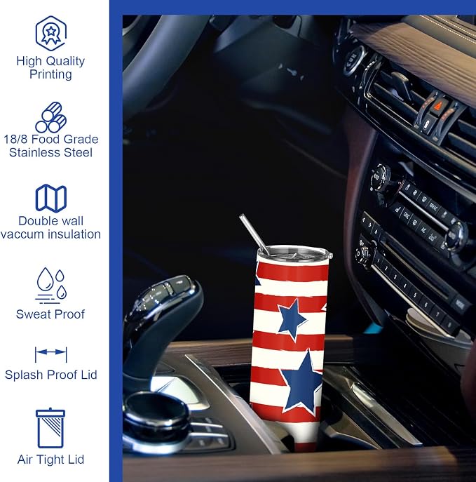 Norme 4 Pcs American Flag Tumbler Patriotic Gift 20oz 4th of July Independence Day Stainless Steel Tumbler with Lid Straw Brush Insulated Travel Mug Cup for Fathers Day Memorial Veteran