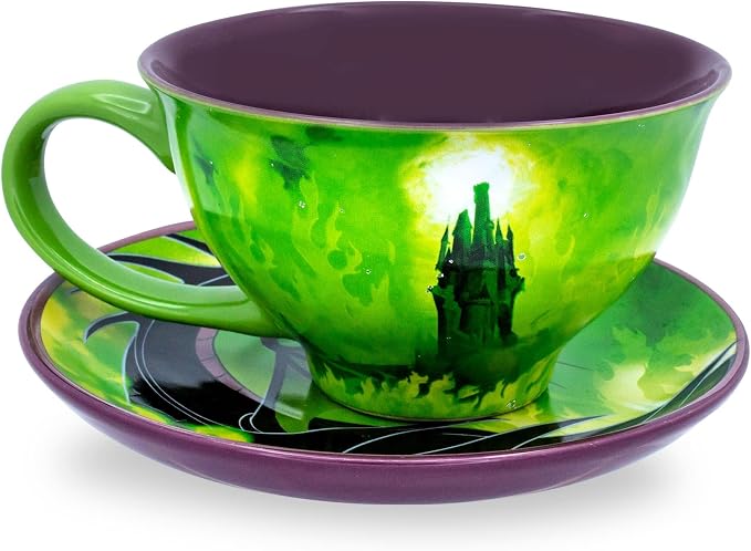 Silver Buffalo Disney Sleeping Beauty Maleficent Ceramic Teacup and Saucer Featuring Maleficent, Diablo, and Maleficent in Dragon Form, 12 Ounces