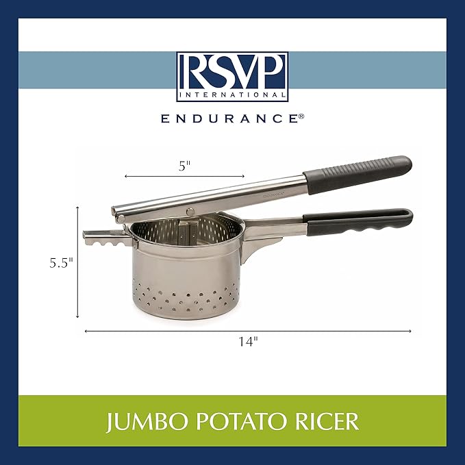 RSVP International Endurance® Jumbo Potato Ricer | Mash Potatoes, Fruits, Vegetables & More | Extra Large Ricing Basket | Pot Resting Extension | Dishwasher Safe