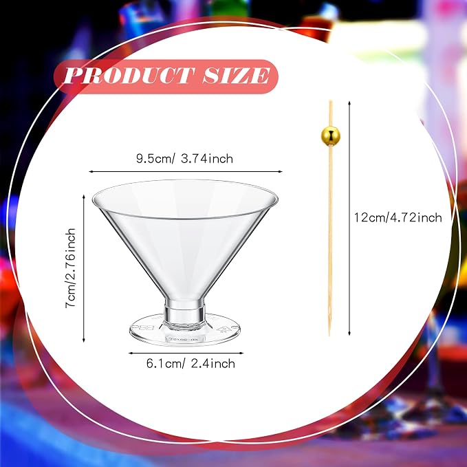 Irenare 100 Pcs 5 oz Plastic Martini Glasses and Cocktail Picks Set Disposable Clear Cocktail Dessert Glasses Unbreakable Mini Cups for Wedding Party Wine Appetizers Food