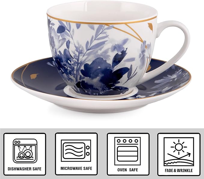 STP GOODS Teacup & Saucer Set of 4, Coffee Cups, Coffee Mugs, Espresso Cups, Tea Cup Set with Saucer, Latte and as a Gift (Mizuki)